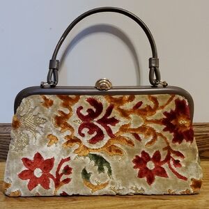 Vintage 1960s Carpet Bag Tapestry Handbag Tan Burgundy Green Rust Orange Brown